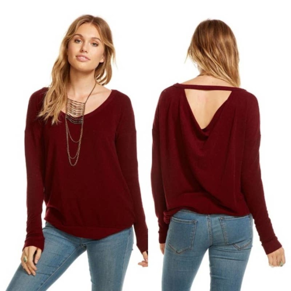 Chaser NWT Long Sleeve Cut Out Draped Back Scoopneck Pullover Top Old Zin Medium
